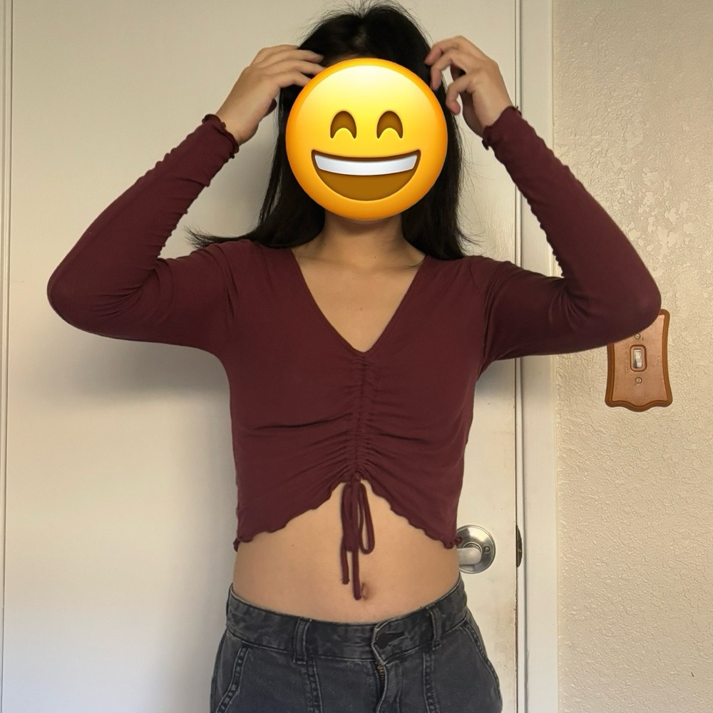 Maroon front tie, cropped long sleeve